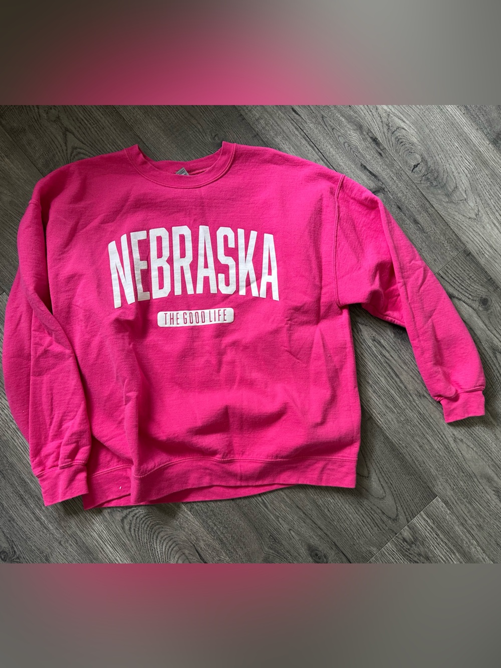 Nebraska The Good Life Crewneck Sweatshirt, Bright Pink